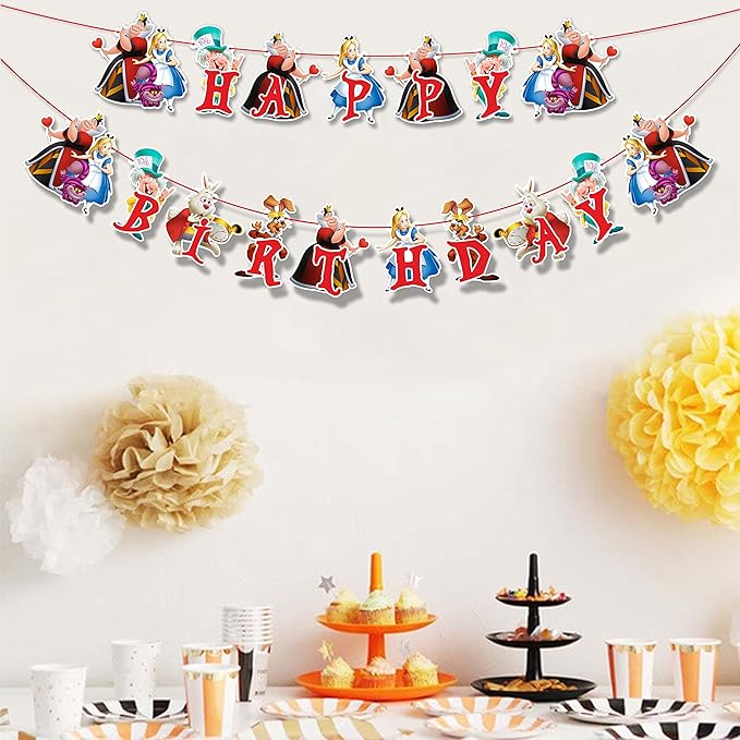 "Alice in Wondrland Happy Birthday Banner – Whimsical Fairy Tale Birthday Party Decoration – Colorful Hanging Banner for Girls & Boys Themed Party, Dessert Table, High Chair, and Photo Backdrop"