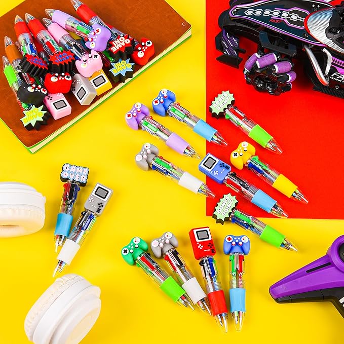 LiYiQ 100 Pcs Video Game Party Favors Multicolor Pen in One Cartoon Cute Fun 4-in-1 Cute Pens Bulk Kawaii Game Handle Level Up Games Console Shape Cool Ballpoint Pens for Kids Fun Gifts