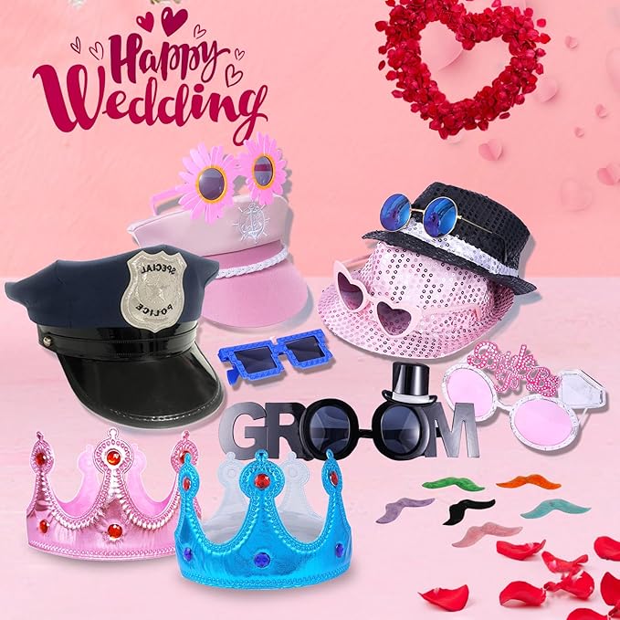 18 Pcs Fun Photo Booth Props Set for Adults, Novelty Funny Hats and Party Sunglasses, Colorful beards, Photo Booth Props Kit for Wedding, Bachelorette Party, Birthday, Costume, Events, All Occasions