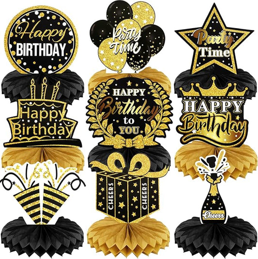 9 PCS Happy Birthday Party Table Decorations | Black and Gold Birthday Center Pieces for Table | Birthday Honeycomb Table Centerpieces | Reusable Birthday Table Toppers for Girls Boys Women Men