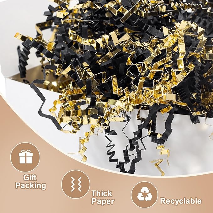Wowxyz 1 LB Crinkle Cut Paper Shred Black & Gold Crinkle Shredded Paper for Gift Baskets - Gift Box Bag Filler - Confetti Stuffing for Birthday, Holiday Present Packaging Wrapping