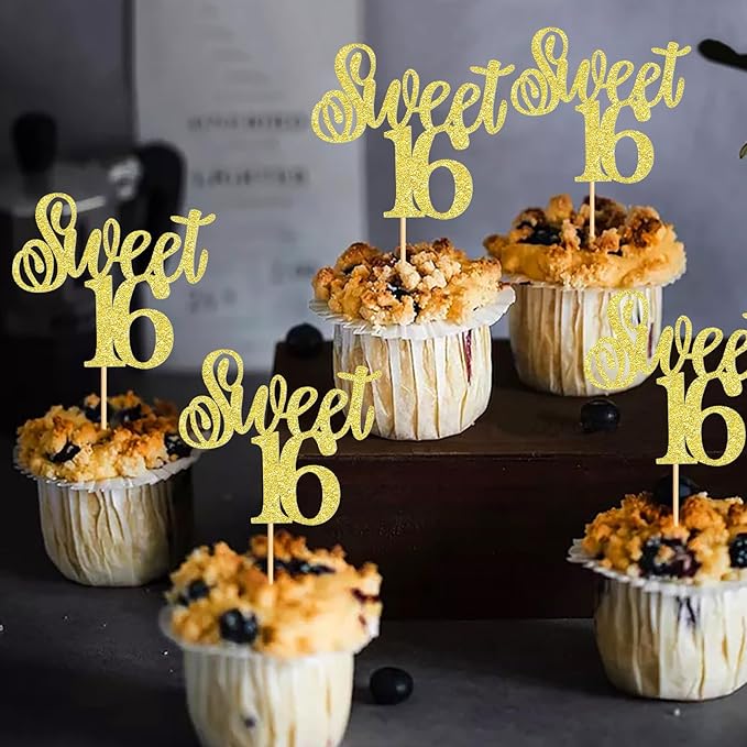 Keaziu 24 Pack Sweet 16 Cupcake Toppers Sweet Sixteen 16 Happy 16 Cupcake Picks for 16th Birthday Wedding Anniversary Party Cake Decorations Supplies Gold