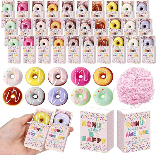 Wettarn 24 Sets Appreciation Donut Gifts Cute Stress Balls with Support Gift Boxes Inspirational Party Favors for Employee Coworker Friends Office Positive Stress Relief Toys