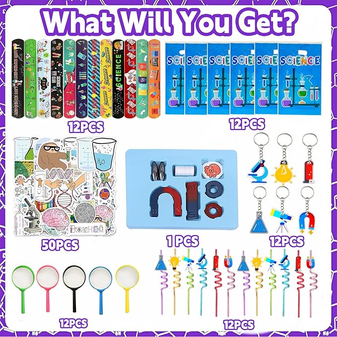 QZYCMHOO 111PCS Science Party Favors Set, Lab Birthday Decorations Including Slap Bracelets, Keychains, Gift Bags, DIY Stickers, Drinking Straws, Science Birthday Supplies
