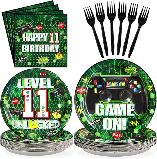 96Pcs 11th Birthday Video Game Party Supplies Green Video Game Paper Plates and Napkins Tableware Sets Gaming 11 Years old Birthday Decorations for Kids Boys 11th Birthday Gamer Gaming Party Serve 24