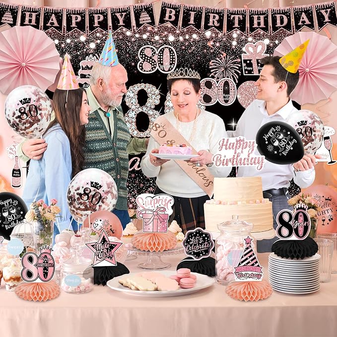 80th Birthday Decorations for Women - Rose Gold 37Pcs Golden Years Celebration Party Kit with Banner, Backdrop, Tiara, Sash, Cake Topper, Latex Balloons, Hanging Swirls, Centerpieces | Party Supplies
