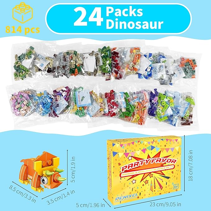 Dinosaur Party Favors for Kids, 24 Packs Mini Dinosaur Building Blocks Toy Animals Building Sets, Dino Carnival Goodie Bags Fillers, Classroom Prizes Christmas Birthday Gifts for Student,Kid Age 6-12