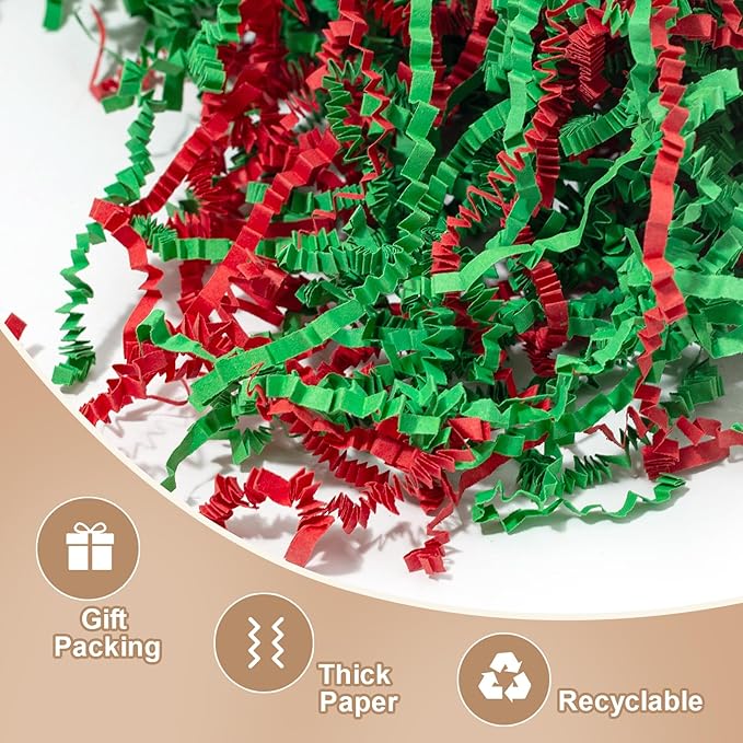 Wowxyz 1 LB Crinkle Cut Paper Shred Green & Red Crinkle Shredded Paper for Gift Baskets - Gift Box Bag Filler - Confetti Stuffing for Birthday, Holiday Present Packaging Wrapping