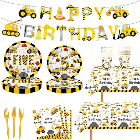 118pcs Construction 5th Birthday Decor Construction Five Years Old Paper Dinner Plates Napkins Forks Cups Tablecloth Banner Dinnerware for Dump Truck Theme Fifth Bday Party Supplies Decorations