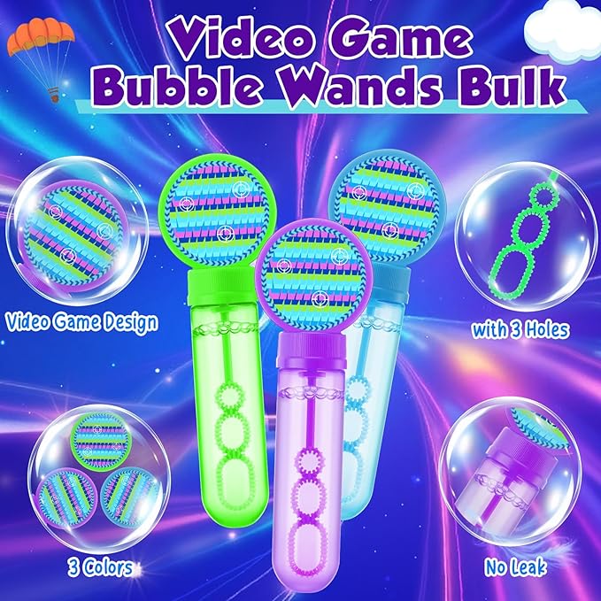 Rotatingpals 24 Pcs Video Game Bubble Wands Mini Gaming Bubble Toys for Kids Toddlers Video Game Party Christmas Birthday Gifts Filler Goodie Bag Stuffer (Purple, Blue, Green)