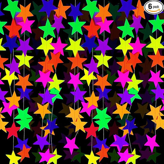 120feet UV Neon Star Garland Hanging Paper Streamers Glow in The Dark Black Light Glow Party Supplies and Decorations Glow in The Dark Garlands Blacklight Reactive Fluorescent Party Kit for Birthday