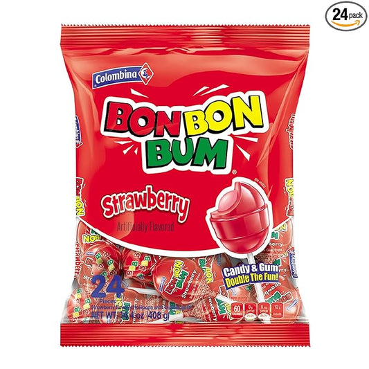 Colombina Bon Bon Bum Lollipops Strawberry Flavor, 24 Count (Pack of 1)