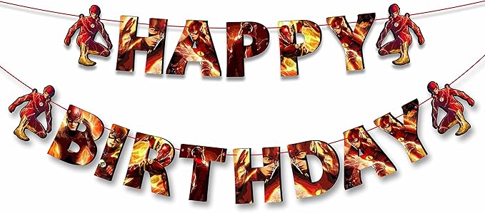 "Flsh Happy Birthday Banner – Superhero Theme Party Decoration for Boys and Girls – Vibrant Lightning Bolt Design Hanging Banner for Birthday Celebrations, Comic Hero Parties, and Photo Backdrops"