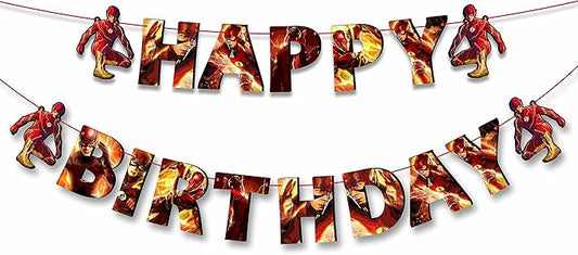 "Flsh Happy Birthday Banner – Superhero Theme Party Decoration for Boys and Girls – Vibrant Lightning Bolt Design Hanging Banner for Birthday Celebrations, Comic Hero Parties, and Photo Backdrops"