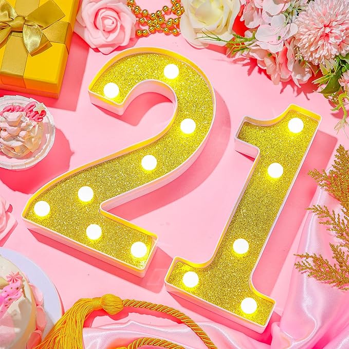 Treela 8.7'' Birthday Decorative LED Light up Numbers, Glitter Marquee Number Sign for Night Birthday Party Decorations Anniversary Bar LED Sign Backdrop Wall Table Centerpieces(21st,Gold)