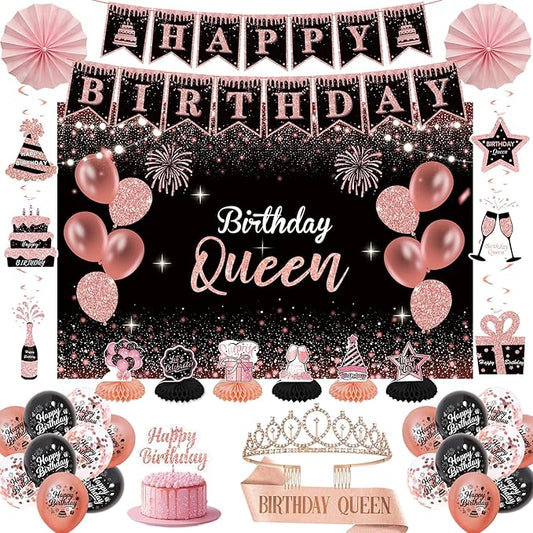 Rose Gold Birthday Decorations for Women - 37Pcs "Happy Queen" Party Kit with Banner, Backdrop, Tiara, Sash, Cake Topper, Latex Balloons, Hanging Swirls, Centerpieces | All Ages Party Supplies