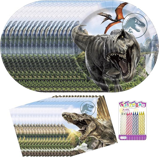 Jurassic World Party Supplies Pack for 16 Guests – Officially Licensed 9" Dinner Plates & Luncheon Napkins with Birthday Candles – Jurassic Park Birthday Decorations