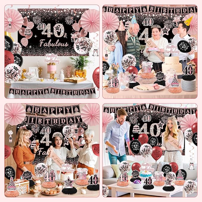 40th Birthday Decorations for Women - Rose Gold 37Pcs All-in-One Party Kit with Banner, Backdrop, Tiara, Sash, Cake Topper, Latex Balloons, Hanging Swirls, Centerpieces