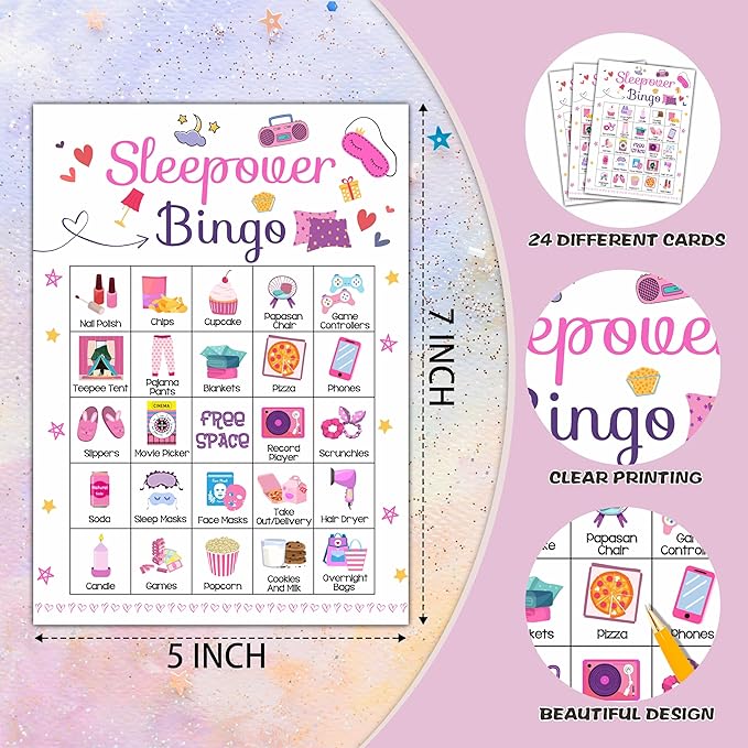 Foosproea Sleepover Bingo Cards, Pajama Party Game for 24 Players, Slumber Party/Bridal Shower Games for Friends Besties, Women Birthday Party Favors Supplies Decorations(34)