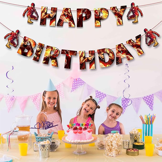 "Flsh Happy Birthday Banner – Superhero Theme Party Decoration for Boys and Girls – Vibrant Lightning Bolt Design Hanging Banner for Birthday Celebrations, Comic Hero Parties, and Photo Backdrops"