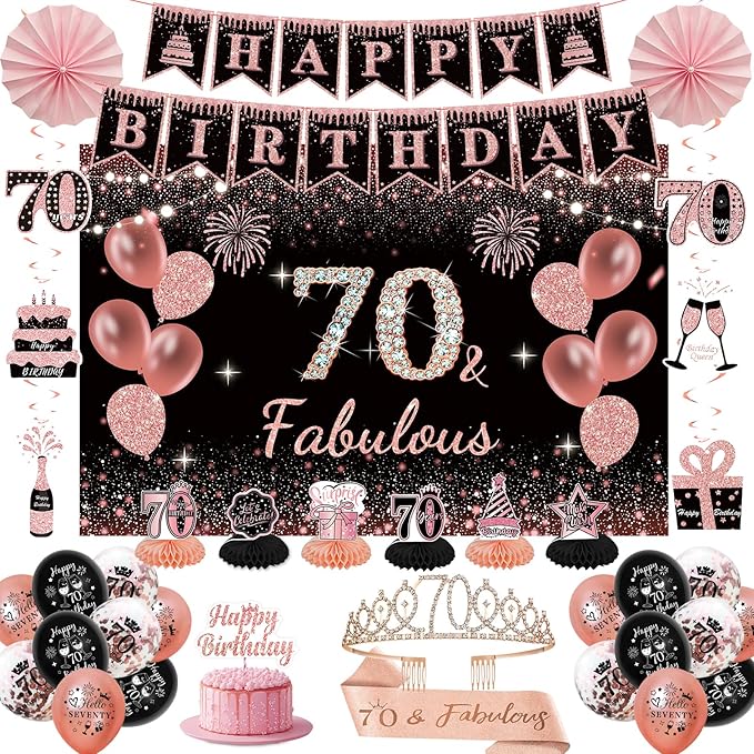 70th Birthday Decorations for Women - Rose Gold 37Pcs Platinum Celebration Party Kit with Banner, Backdrop, Tiara, Sash, Cake Topper, Latex Balloons, Hanging Swirls, Centerpieces | Party Supplies