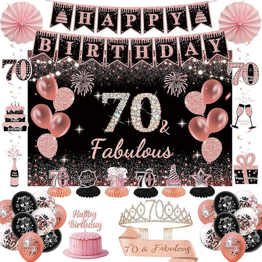 70th Birthday Decorations for Women - Rose Gold 37Pcs Platinum Celebration Party Kit with Banner, Backdrop, Tiara, Sash, Cake Topper, Latex Balloons, Hanging Swirls, Centerpieces | Party Supplies