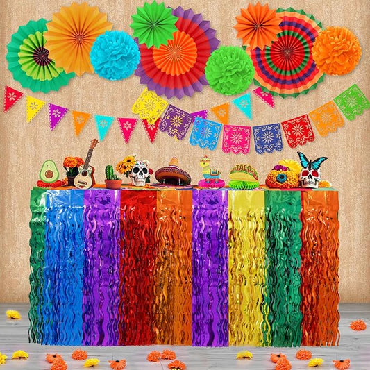 Amandir Cinco De Mayo Fiesta Party Decorations, 2 Pack Mexican Wavy Metallic Tinsel Foil Fringe Table Skirts, Fiesta Banners Garland Paper Fans Poms for Mexican Taco Rainbow Birthday Party Table Decor