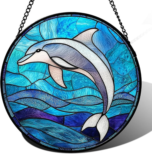 Stained Glass Suncatcher, Blue Ocean Dolphin Sun Catcher Marine Life Stain Glass Indoor Window Hanging Decoration Mother's Day Birthday Gifts for Women Men Mom and Nana 9.8 in