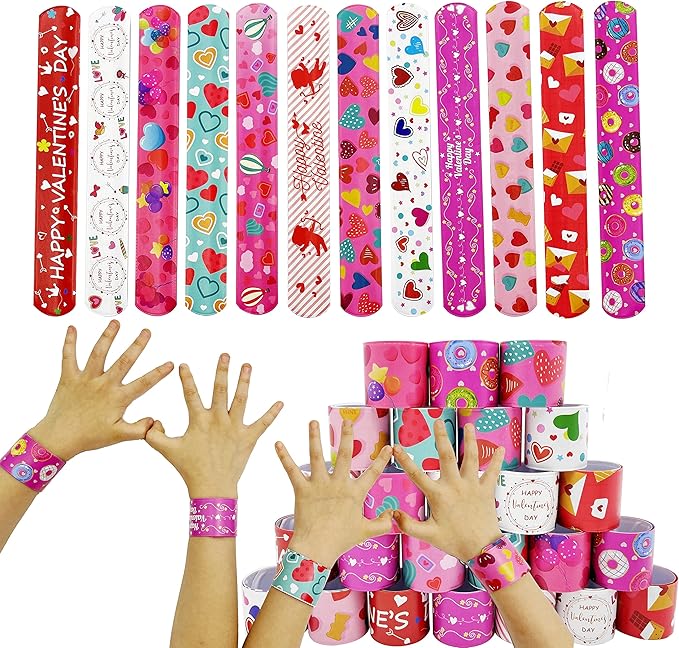 DimiGlobal Valentine Slap Bracelets for Kids Valentines Day Slap Bracelets Bulk for Boys and Girls Holiday Slap Bracelet Party Favors Supplies Classroom Prizes Exchanging Gifts (48)