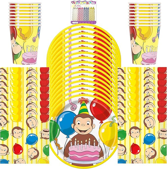 Curious George Party Supplies for 16 Guests – 9" Plates, Cups, Napkins & Birthday Candles – Curious George Birthday Decorations for Kids, Toddlers, Boys & Girls Monkey Party Pack