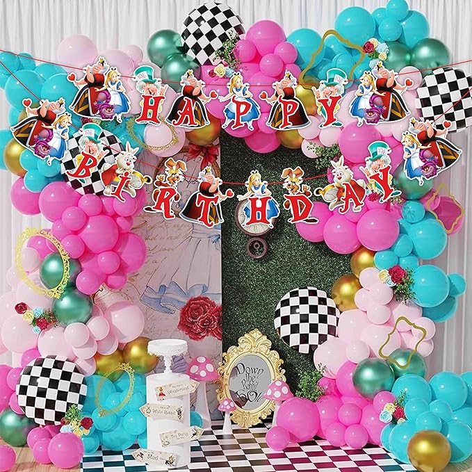 "Alice in Wondrland Happy Birthday Banner – Whimsical Fairy Tale Birthday Party Decoration – Colorful Hanging Banner for Girls & Boys Themed Party, Dessert Table, High Chair, and Photo Backdrop"