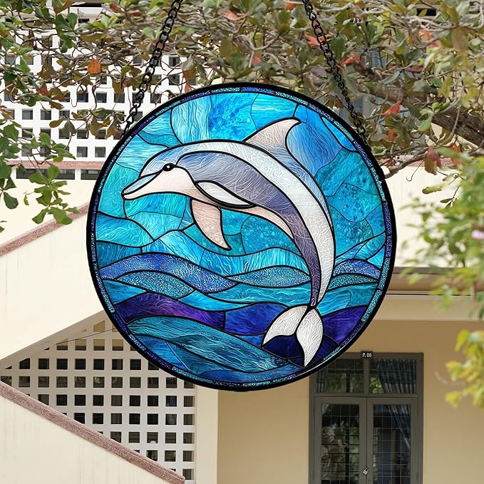 Stained Glass Suncatcher, Blue Ocean Dolphin Sun Catcher Marine Life Stain Glass Indoor Window Hanging Decoration Mother's Day Birthday Gifts for Women Men Mom and Nana 15 in
