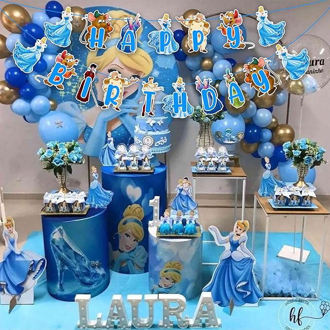 "Cnderela Happy Birthday Banner – Princess Theme Birthday Party Supplies for Girls – Elegant Fairytale Birthday Decorations with Glitter Letters, Castle and Crown Design – Perfect for Party Décor"