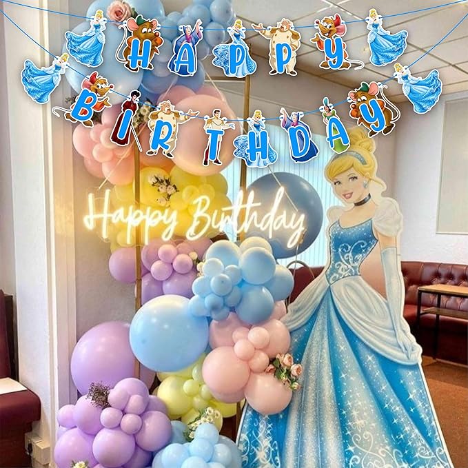 "Cnderela Happy Birthday Banner – Princess Theme Birthday Party Supplies for Girls – Elegant Fairytale Birthday Decorations with Glitter Letters, Castle and Crown Design – Perfect for Party Décor"