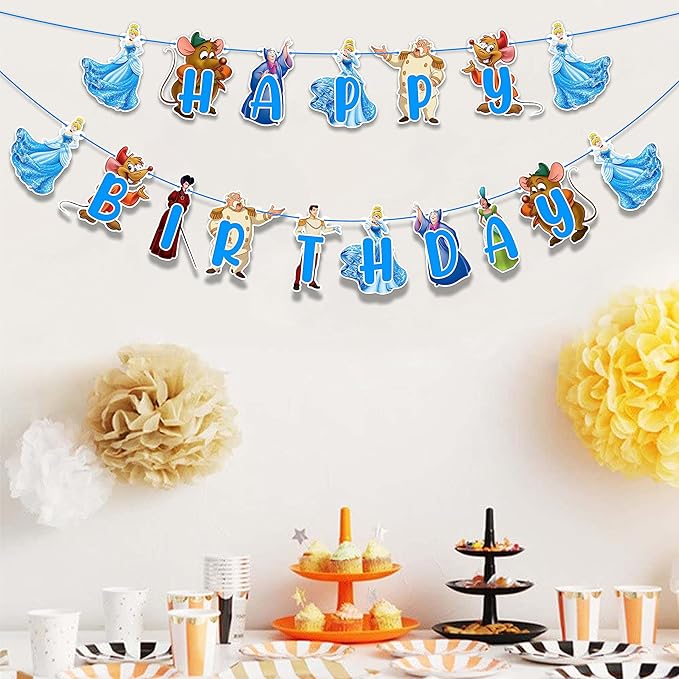 "Cnderela Happy Birthday Banner – Princess Theme Birthday Party Supplies for Girls – Elegant Fairytale Birthday Decorations with Glitter Letters, Castle and Crown Design – Perfect for Party Décor"
