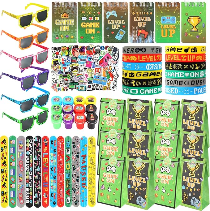 LiYiQ 122 Pcs Video Game Party Favors With Video Game Sunglasses Slap Bracelets Notebook Stamps Stickers and Gift Bag for Video Game Gamer Birthday Party Supplies