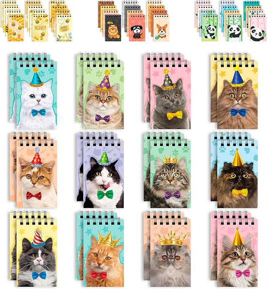 Decorably 24 Pack Spiral Cat Party Favors for Kids - 12 Kitty Designs 2.4x4in Mini Notepads, Spring-Bound with 20 Sheets - Gifts for Birthday, Baby Shower, Children's Party, School