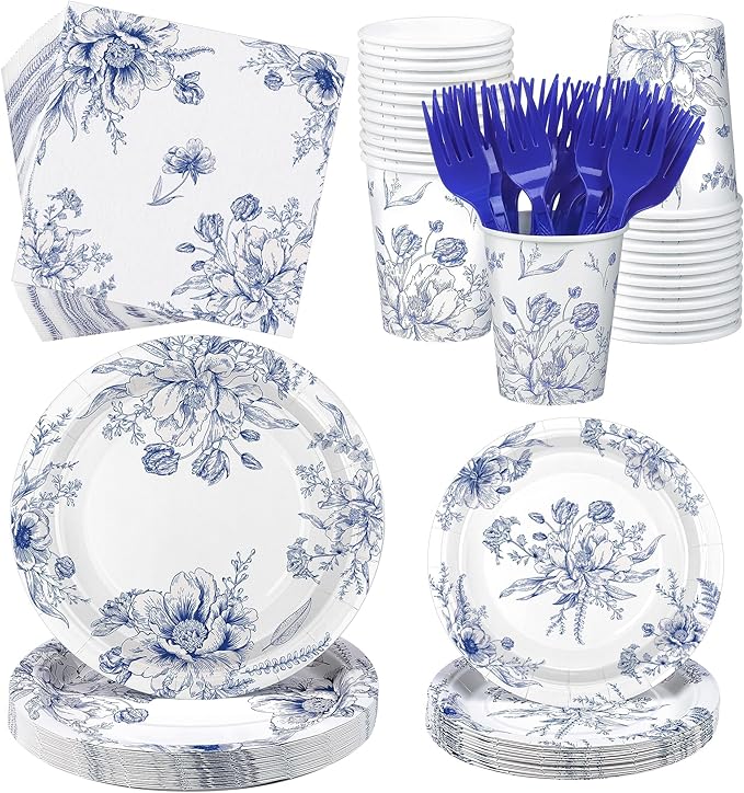 Kochorie 144 Pieces Blue and White Flower Print Party Tableware Sets Including Disposable Plates Napkins Cups Forks Serves 24 for Wedding Birthday Baby Shower Party Supplies
