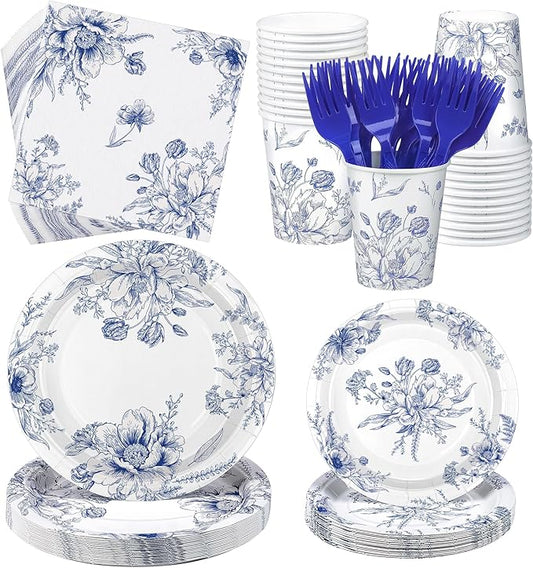 Kochorie 144 Pieces Blue and White Flower Print Party Tableware Sets Including Disposable Plates Napkins Cups Forks Serves 24 for Wedding Birthday Baby Shower Party Supplies