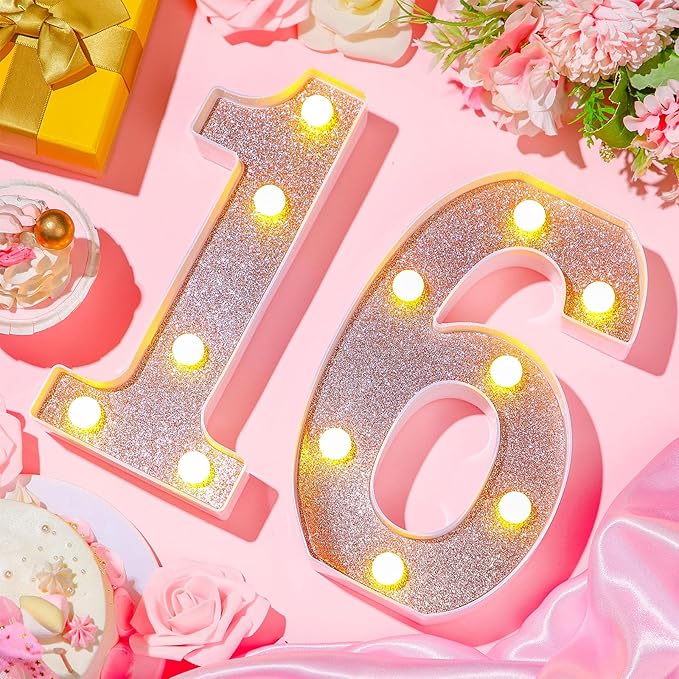 Treela 8.7'' Birthday Decorative LED Light up Numbers, Glitter Marquee Number Sign for Night Birthday Party Decorations Anniversary Bar LED Sign Backdrop Wall Table Centerpieces(16th,Rose Gold)