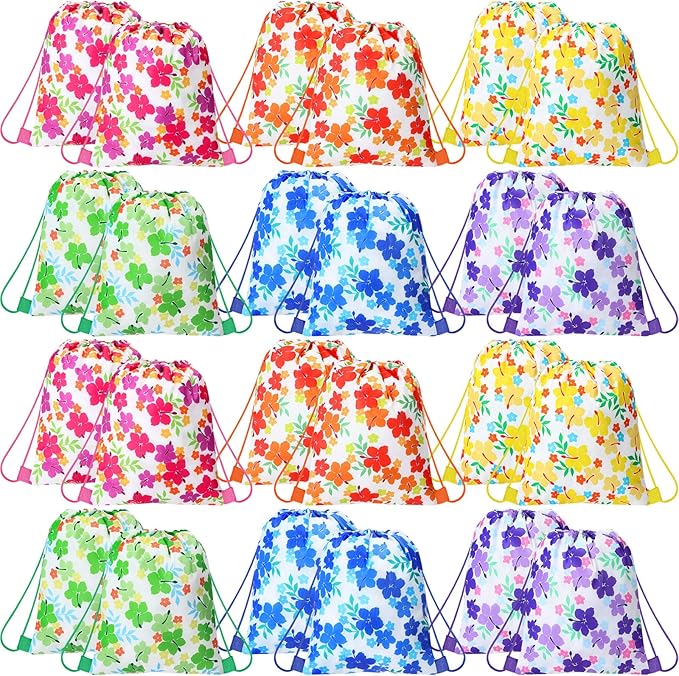 Teling Hibiscus Party Favors Bags Drawstring Luau Bag Tropical Gift Bags for Birthday Baby Shower Party Favor Packs(24 Pcs, Vivid Style)