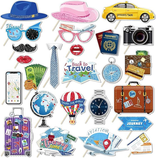 25 Pcs Travel Themed Photography Decorations, Fun Global Travel Photo Booth Props, Party Supplies for All Occasions Such as Graduation Ceremonies and Birthdays