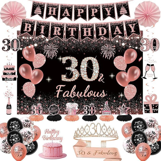 30th Birthday Decorations for Women - Rose Gold 37Pcs Complete Party Kit with Banner, Backdrop, Tiara, Sash, Cake Topper, Latex Balloons, Hanging Swirls, Centerpieces | Birthday Party Supplies
