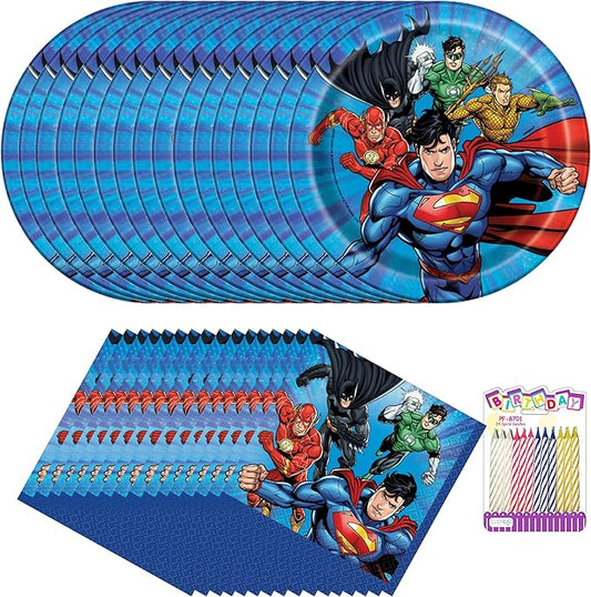 Justice League Party Supplies Pack for 16 Guests – Officially Licensed – 7" Dessert Plates, and Bevergae Napkins Includes Birthday Candles – Superhero Birthday Party Decorations