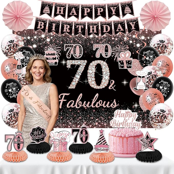 70th Birthday Decorations for Women - Rose Gold 37Pcs Platinum Celebration Party Kit with Banner, Backdrop, Tiara, Sash, Cake Topper, Latex Balloons, Hanging Swirls, Centerpieces | Party Supplies