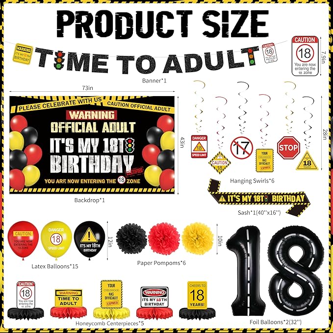 THAWAY 18th Birthday Decorations for Boys - “Hide The Car Keys” Happy 18th Birthday Caution Party Kit 49pcs with Backdrop, Banner, Sign Balloons & Photo Props for Teen Driver