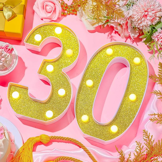 Treela 8.7'' Birthday Decorative LED Light up Numbers, Glitter Marquee Number Sign for Night Birthday Party Decorations Anniversary Bar LED Sign Backdrop Wall Table Centerpieces(30th,Gold)