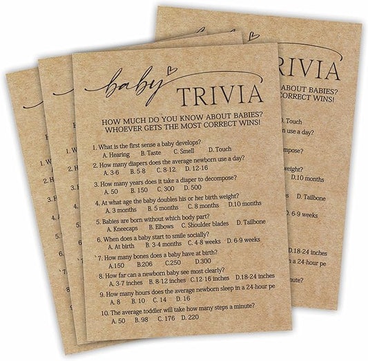 30 Pcs Praft Paper Baby Shower Game Cards with 1 Answer Card -Baby Trivia -Gender Reveal Games, Gender Neutral Party Favor Supplies,Party Game & Activities- A12