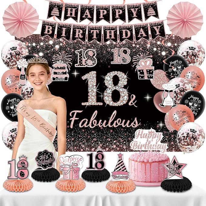 18th Birthday Decorations for Girls - Rose Gold 37Pcs Complete Party Kit with Banner, Backdrop, Tiara, Sash, Cake Topper, Latex Balloons, Hanging Swirls, Centerpieces | Birthday Party Supplies