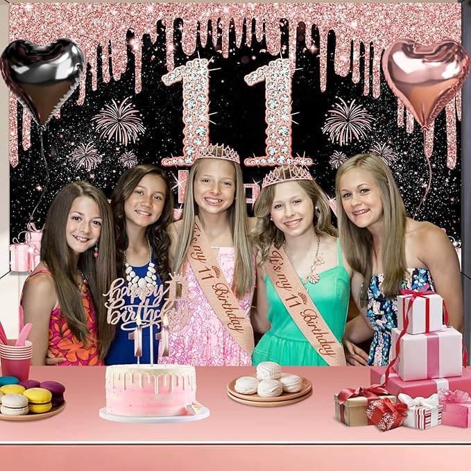 11th Birthday Decorations for Girls, 49pcs Black Rose Gold Black Banner, Tablecloth, Butterfly Decor, 11th Birthday Sash and Tiara, Cake Topper, Candles, Balloons Arch